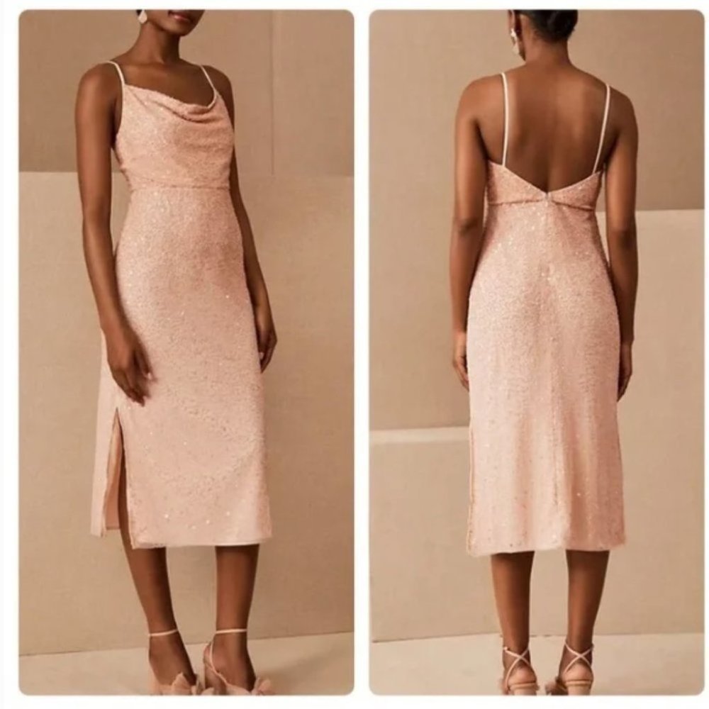 Anthropologie Blush Pink Sequin Cowl Neck Midi Dress